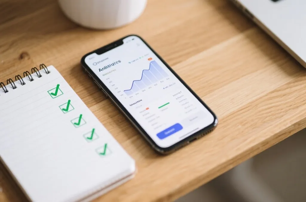 A generic sports analytics app displayed on a modern smartphone, lying on a clean workspace next to a checklist notebook, representing system stability and user-friendly interface.